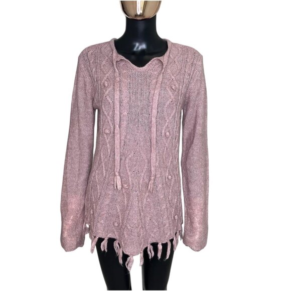 PrAna Shelby Poncho Cable Knit Fringe Sweater Mauve Pink Medium Boho Cozy Wool - Picture 2 of 8
